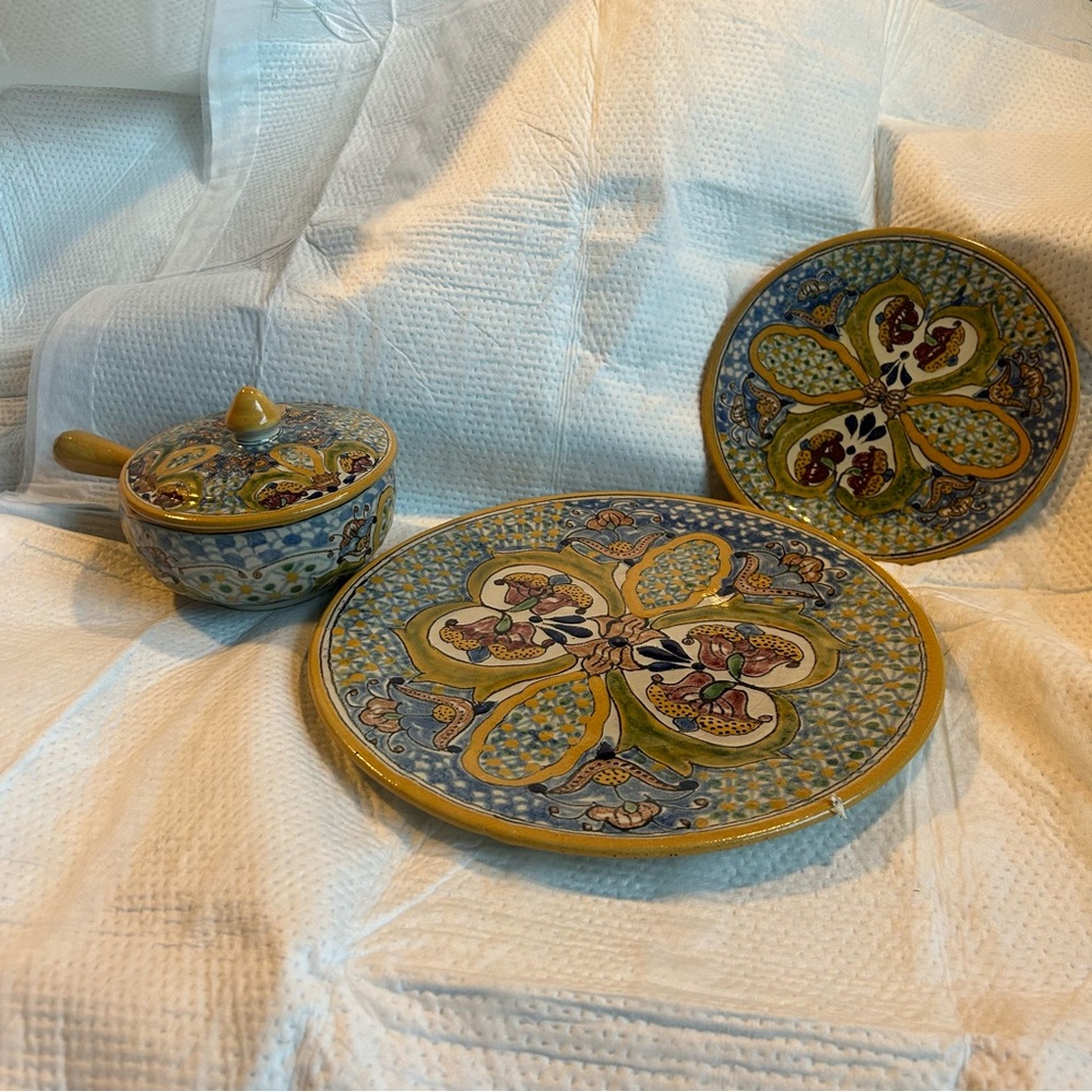 VTG Talavera Mexican Pottery Earthenware Ceramic 4 Dish Set Signed T. Reyes
